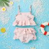 Baby Girl Floral Pattern Ruffle Hem Tops Combo Triangle Shorts Swimsuit