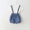 Baby Girl Solid Color Tee Combo Denim Strap Shorts 1-Piece Sets