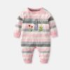 Baby Girl Pink Striped Pattern Embroidered Design Knitted Jumpsuit