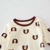 Baby 1pcs Cartoon Bear & Calf Graphic Long Sleeved Soft Bodysuit With Hat