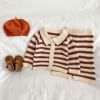 Baby Striped Pattern Lapel Knitted Cardigan With Pants Sets