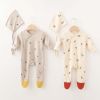 Baby Printed Graphic Side Button Design Long Sleeved Jumpsuit Romper Pajamas With Hat