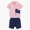 Baby Boy Cartoon Shark Pattern Quarter Button Polo Shirt Combo Solid Shorts Sets