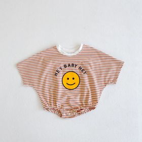Summer Baby Children's Cotton Short Sleeve Rompers Printed Striped Romper (Option: Khaki-66cm)