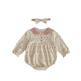 Baby And Children's Printed Romper Long-sleeved Bodysuit Triangle Climbing Suit Hair Band (Option: Apricot-90cm)