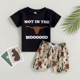 Boys' Printed Letters Round Neck Short Sleeve Shorts Suit (Option: Black-70cm)