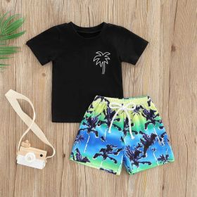 Boy's Back Letter Coconut Pattern T-shirt Shorts Set (Option: Black-80cm)