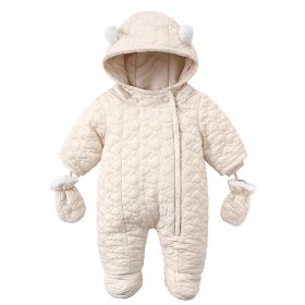 Cute Ears Hooded Baby Love Velvet Rompers Jumpsuit (Option: Beige-9Mto12M)