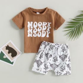 Boys' Printed Letters Round Neck Short Sleeve Shorts Suit (Option: Khaki-80cm)