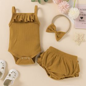 Children's Clothing Baby Solid Color Three-piece Set Sunken Stripe Strap Lace Multi-layer Edge Romper (Option: orange-80cm)