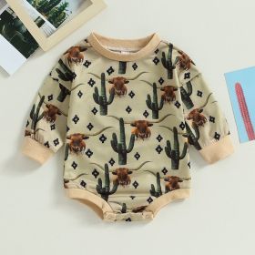Cactus Print Round Neck Long Sleeve Jumpsuit (Option: Dark Khaki Cloth-90cm)