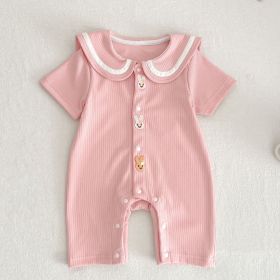 Baby Bear Rabbit Ear Jumpsuit Summer Sunken Stripe Cotton Going Out Clothes (Option: Pink Rabbit Ears-90 Yards)