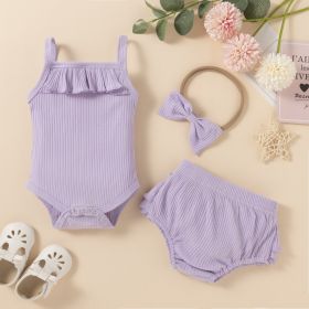 Children's Clothing Baby Solid Color Three-piece Set Sunken Stripe Strap Lace Multi-layer Edge Romper (Option: Purple-90cm)