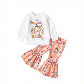 Long Sleeve Sweater Pumpkin Print Bell-bottom Pants Children's Suit (Option: Pink-110cm)