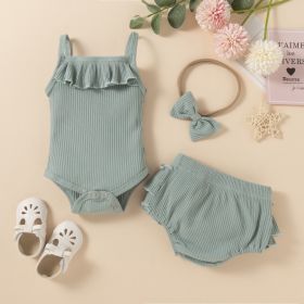 Children's Clothing Baby Solid Color Three-piece Set Sunken Stripe Strap Lace Multi-layer Edge Romper (Option: Light Blue-90cm)