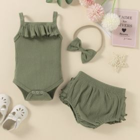Children's Clothing Baby Solid Color Three-piece Set Sunken Stripe Strap Lace Multi-layer Edge Romper (Option: Green-90cm)