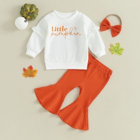 Children Ruffles Sleeve Sweater Sunken Stripe Cotton Bell-bottom Pants Suit (Option: White-110cm)