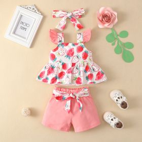 Girls' Fashion Flounced Sleeve Top And Shorts Three-piece Suit (Option: Pink-120)