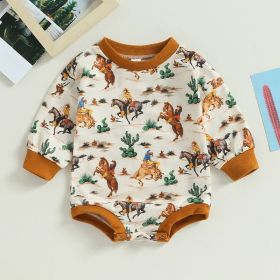 Cactus Print Round Neck Long Sleeve Jumpsuit (Option: Chocolate-90cm)