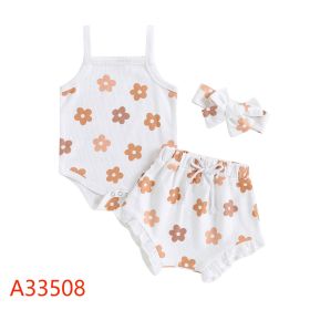 Flower Print Sling Romper Shorts Headscarf Three-piece Set (Option: White-100cm)