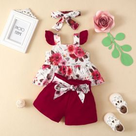 Girls' Fashion Flounced Sleeve Top And Shorts Three-piece Suit (Option: Red-120)