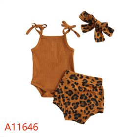 Flower Print Sling Romper Shorts Headscarf Three-piece Set (Option: Brown Leopard Print-90cm)
