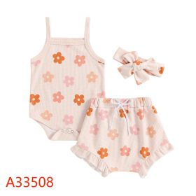Flower Print Sling Romper Shorts Headscarf Three-piece Set (Option: Pink-90cm)